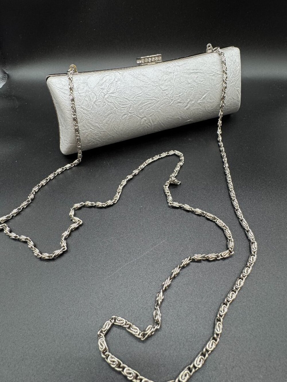 Light Grey & Silver, Clear Rhinestones Shell Clutch Evening Purse